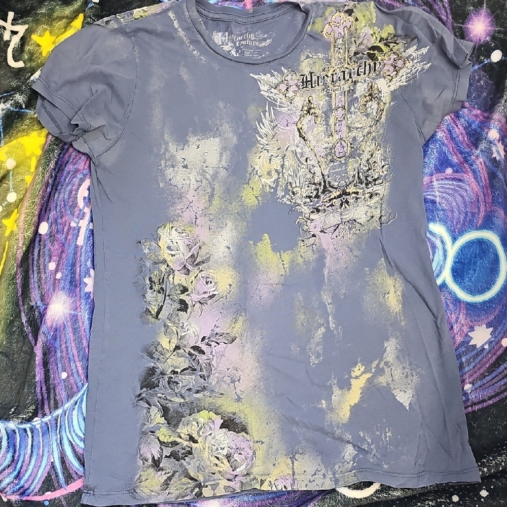 Heirarchy Graphic Tee with Floral and Cross Design